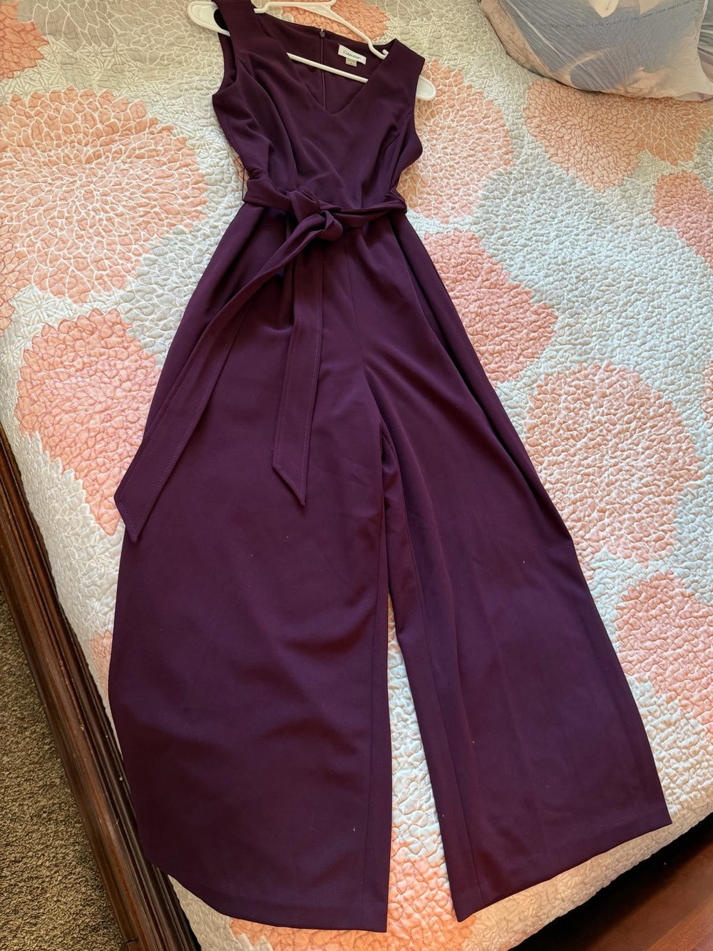 Calvin Klein Deep Plum Sleeveless Wide-Leg Jumpsuit with Tie Belt